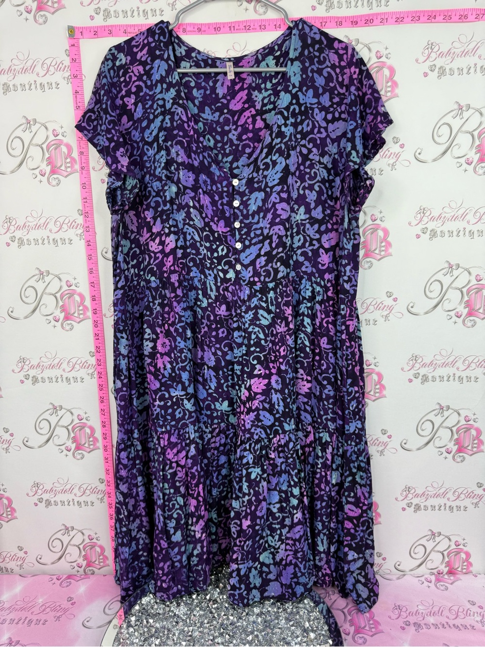 Blue Sky dress ruffle tiered neon Purple & Blue Floral-Print Midi Dress